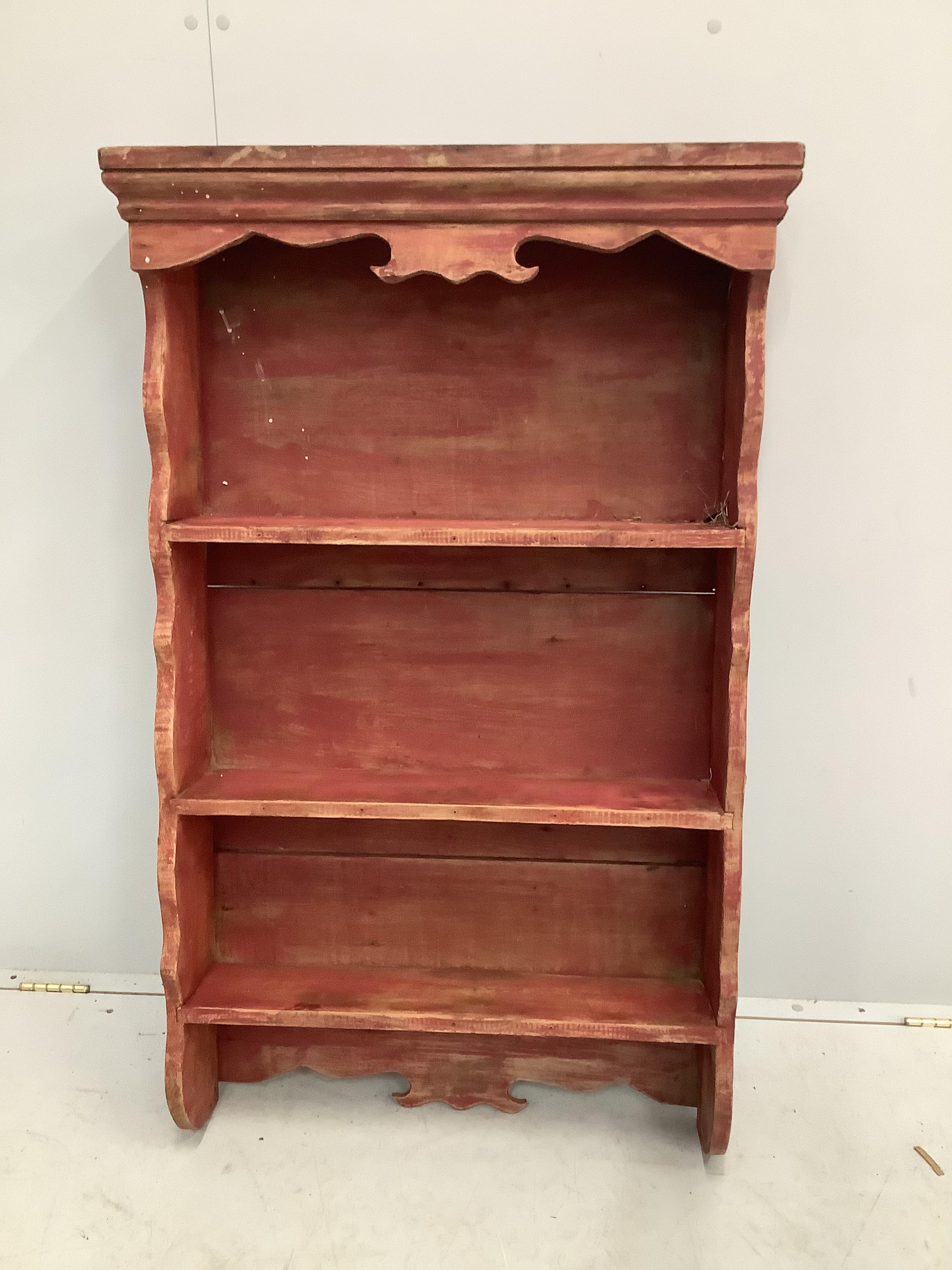 An Art Nouveau style painted wall cabinet, width 60cm, depth 26cm, height 86cm together with a painted hanging open bookcase